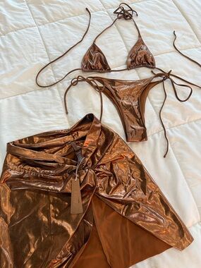 SKIMS Metallic Bronze Tie-String Bikini with Wrap Skirt